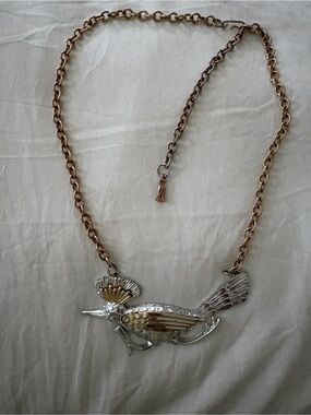 Vtg Gold Crown Inc Southwestern Mixed Metal Roadrunner Bird Statement Necklace